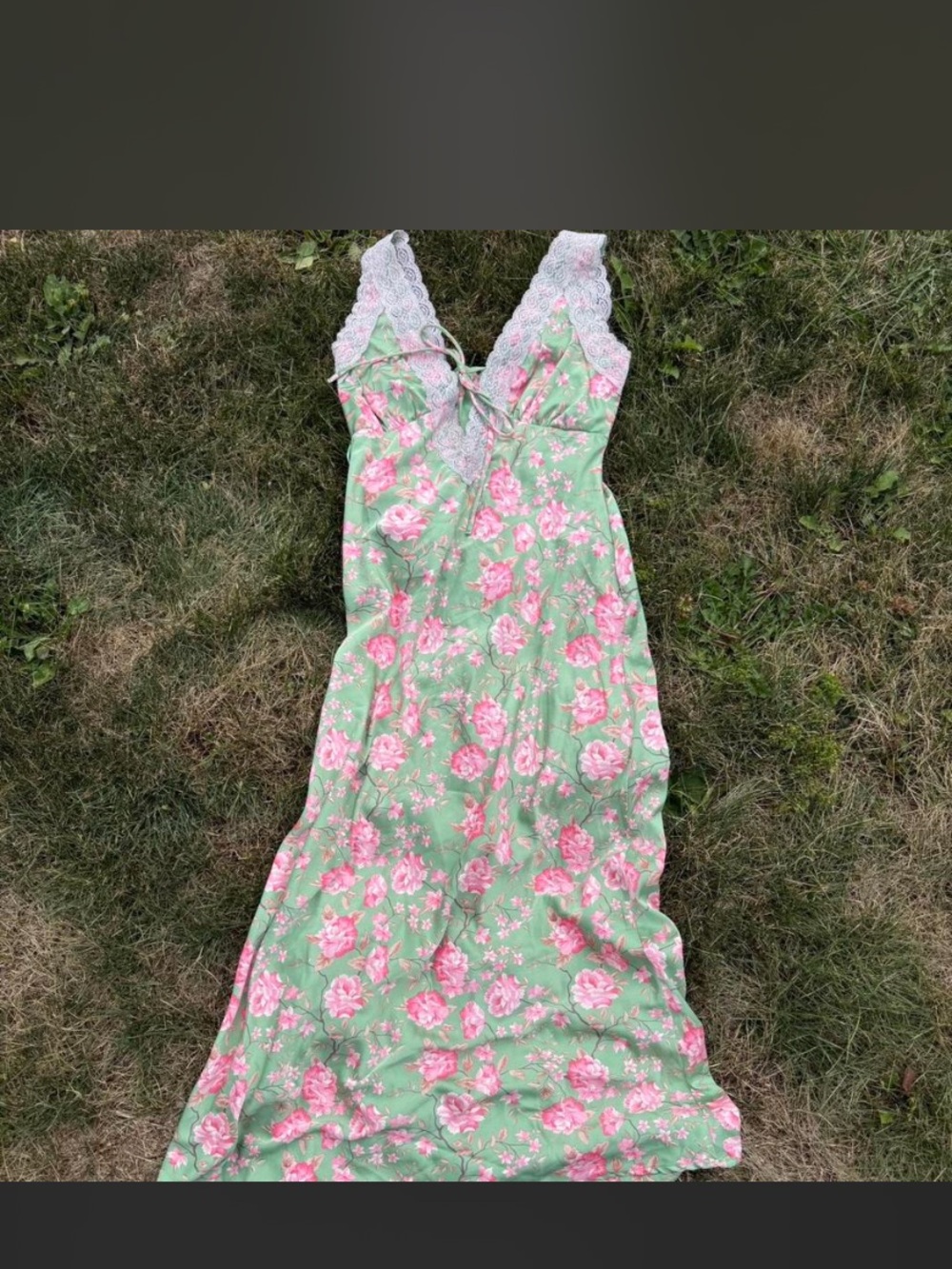 one clothing Green Maxi Dress with Pink Floral & White Lace